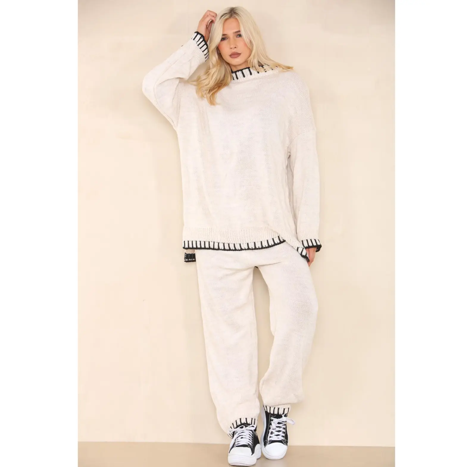 Women's Knitted Long Sleeve Ribbed Neck Piano Stitched Co-Ord Loungewear Set with Contrast Stitch Hem and Cuff Causal Knitted Jumper Top, Wide Leg Trouser Tracksuit One Size Fits UK 8-18.