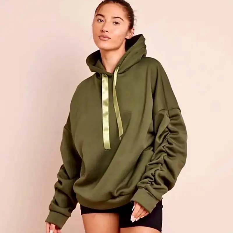 Ruched Arm Ribbon String Hoodie, Oversized Baggy Comfortable Womenswear 2