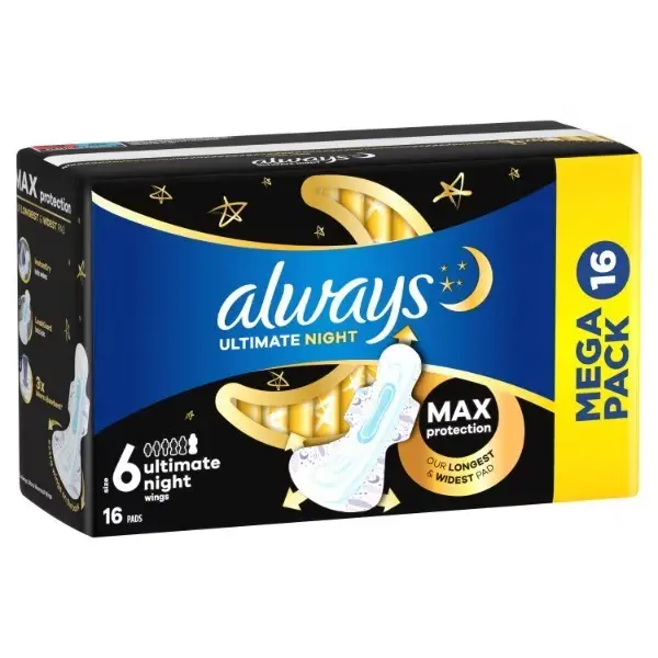 Always Sanitary Towels Ultimate Night (Size 6) Wings 16 Pads - 1 Pack Comfort