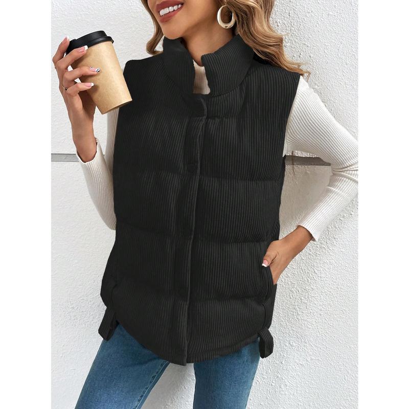 SHEIN Frenchy Women's Minimalistic Solid Color Button Up Padded Coat, Suitable For Winter Fabric Fit 4
