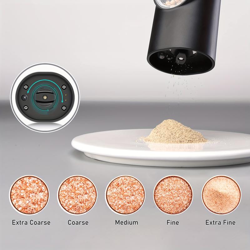 Rechargeable Electric Pepper and Salt Grinder Set, Automatic Pepper Grinder, with Charging Base, USB Cable, LED Light, Adjustable Coarseness, Single-Handed Automatic Operation, Black 2pcs 2