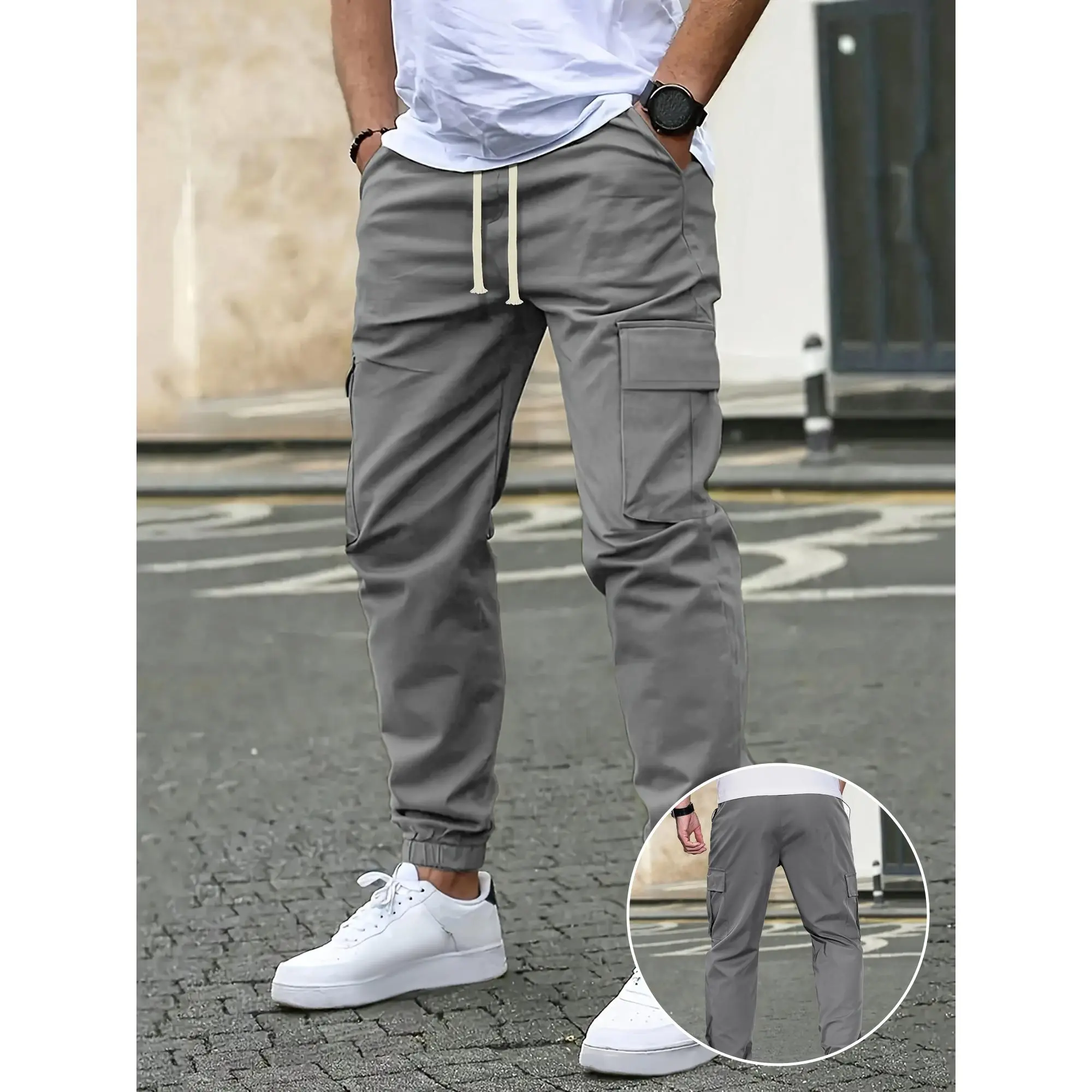 Men's Trendy Solid Cargo Pants With Side Pocket, Comfy Casual Regular Fit Trousers For Summer Outdoor Activities