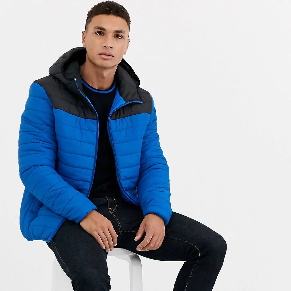Men Quilted Puffer Hooded Jacket Trendy Blue 2025