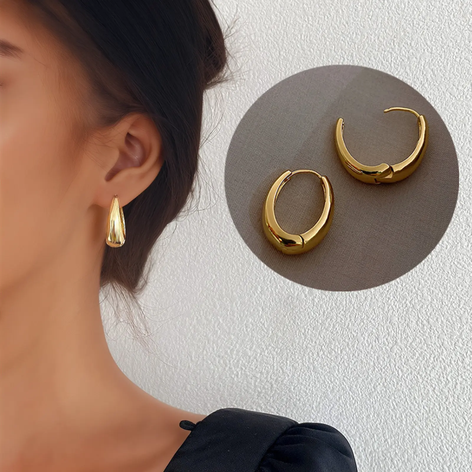 Oval Stainless Steel Gold Hoop Earrings Set