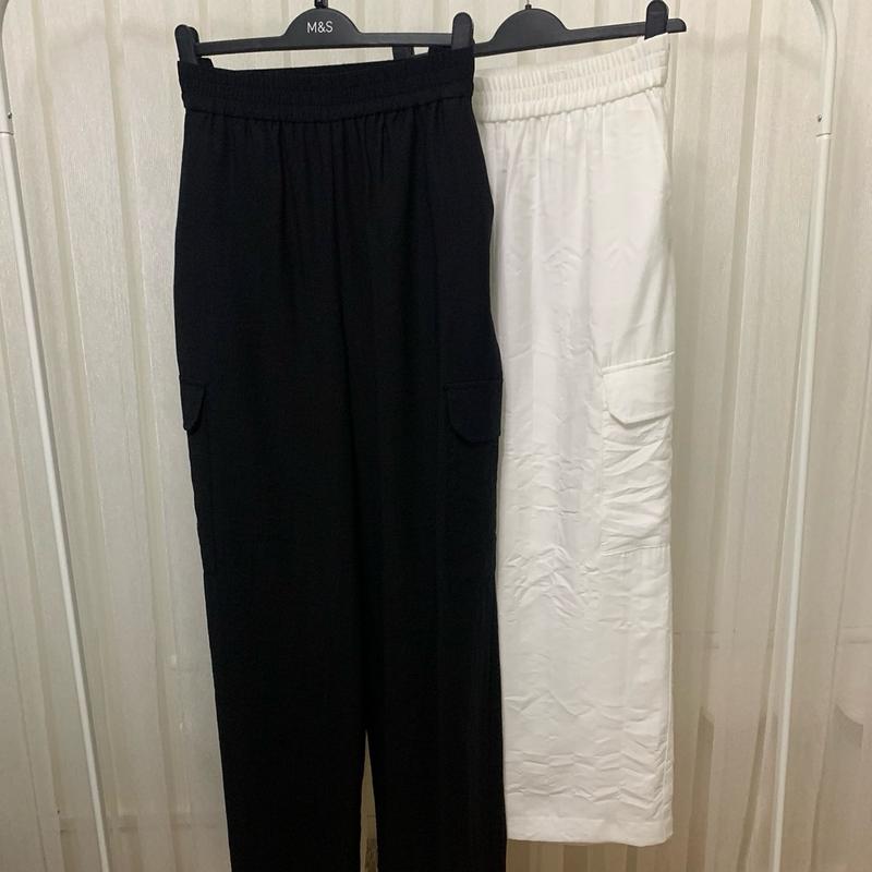 Women's Black White Wide Leg utility Cargo Trousers Elasticated Waist Comfort Pocket Palazzo Comfortable Fashion Pants All Sizes 3