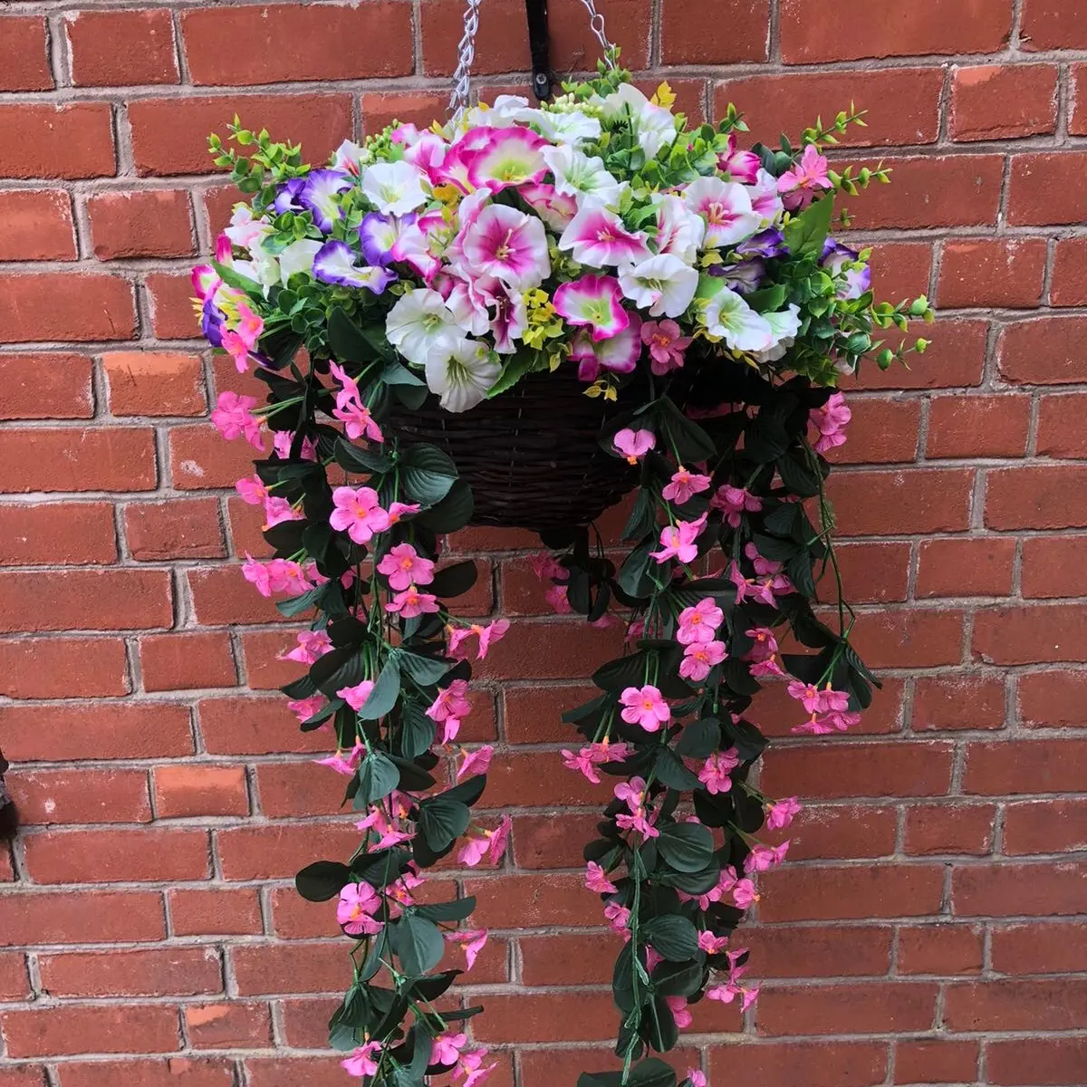 Large Handmade Morning Glory Petunia Trailing Flowers in Hanging Basket with Foliage Berries - 12 Inch Basket - Decorative, Decor Decoration Plants Nature