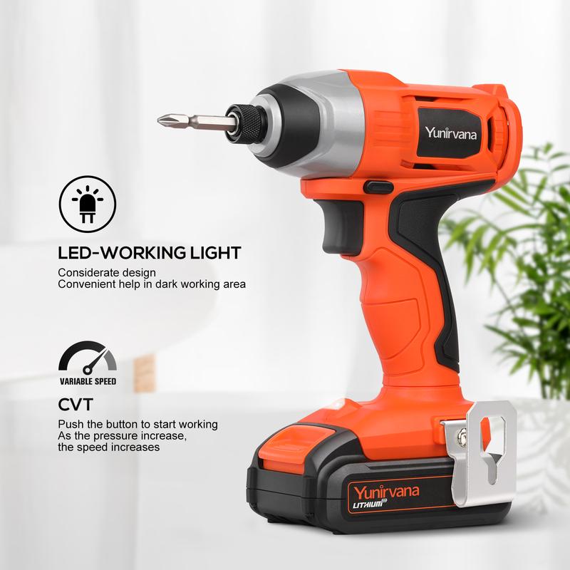 Product Introduction of Rechargeable Impact Driver 20V, Yunirvana Variable Speed (0-2800RPM) Cordless Impact Driver with 6Pcs Screwdriver bits,1.3Ah Battery and Charger，Suitable for Tightening Screws 11