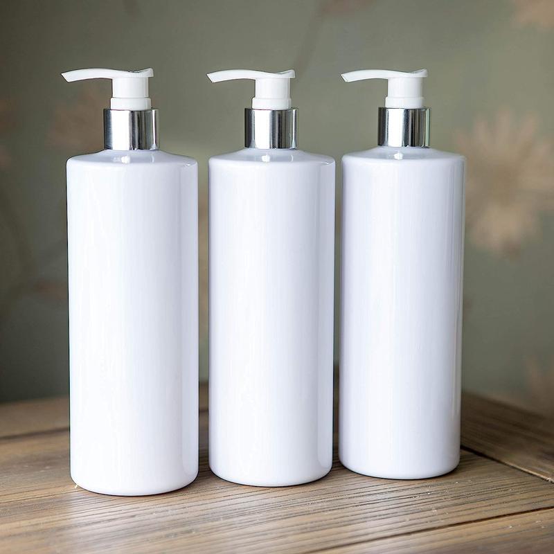 Set of 3 - 500ML Bathroom Dispenser Soap Pump. This sleek white cylindrical PET plastic bottle comes with a silver white lotion pump for convenient soap dispensing. Enhance your bathroom decor while keeping your hands clean and hygienic. Easy to refill 1
