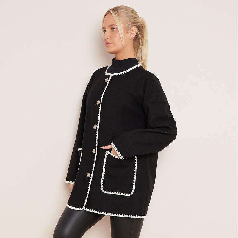 Women's Casual Tori Wool Like Contrast Trim Scollop Stitching Tailored Jacket Scarf Coat One Size UK 8 - 14 7