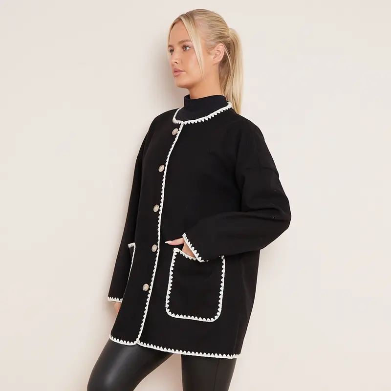 Women's Casual Tori Wool Like Contrast Trim Scollop Stitching Tailored Jacket Scarf Coat One Size UK 8 - 14 7