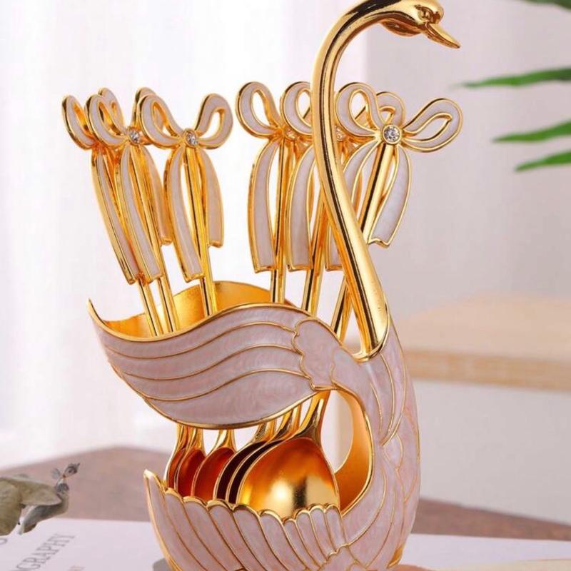 Set of 6 Tea Spoons with swan shaped Holder - Perfect for Any Tea Lover 0