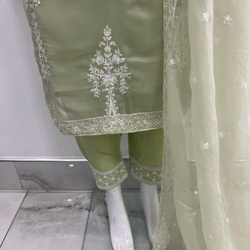 Iqrah chiffon suit with white Mint green 3