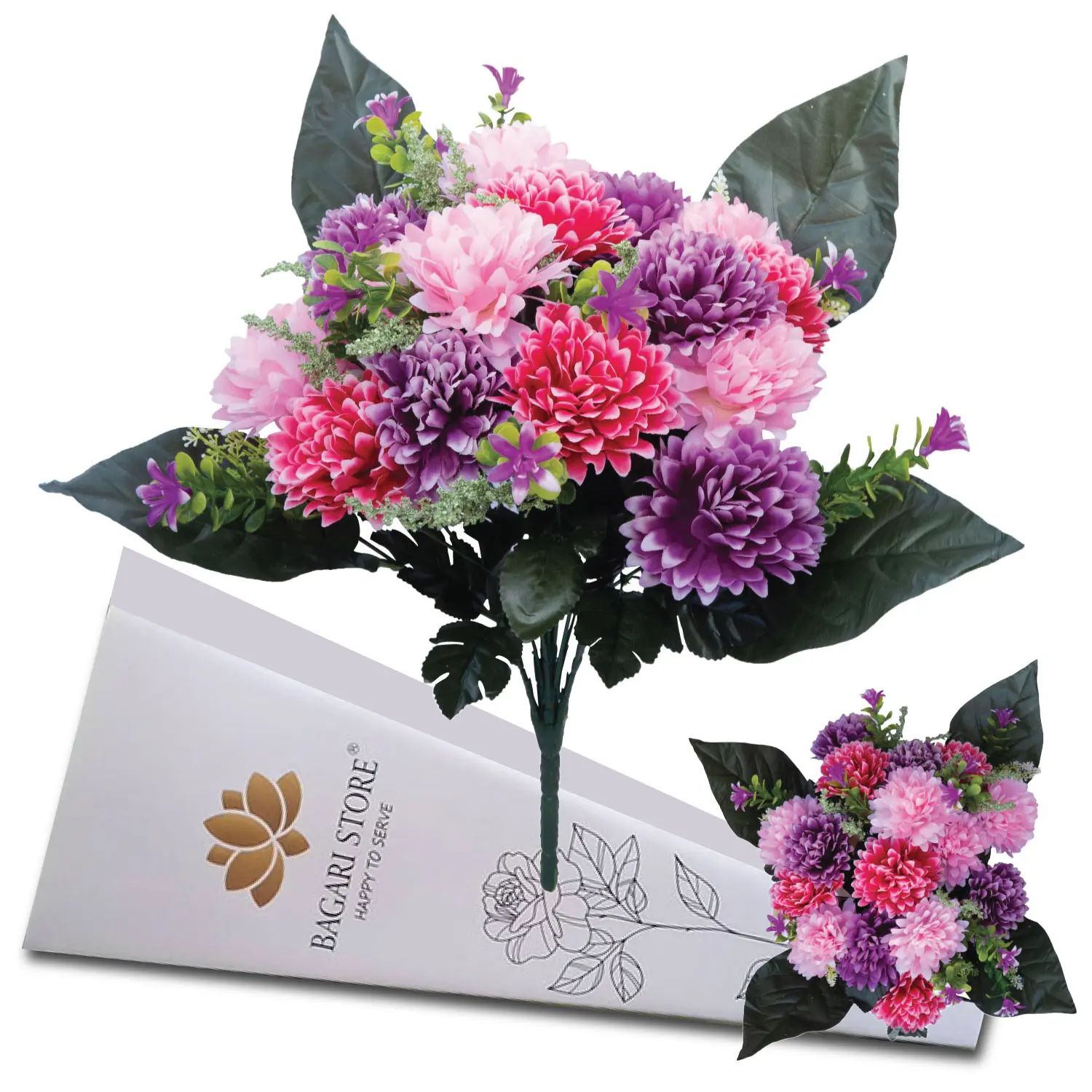 Bagari Artificial Flowers, Large Mixed Bush Grave Flowers, 41cm Fake Flowers for Decoration, Hot Pink - Ivory & Wine Artificial Flowers for Outdoor & Indoor Events Wedding Party Home Decoration Decorative Plants Silk   Bouquet Ornaments