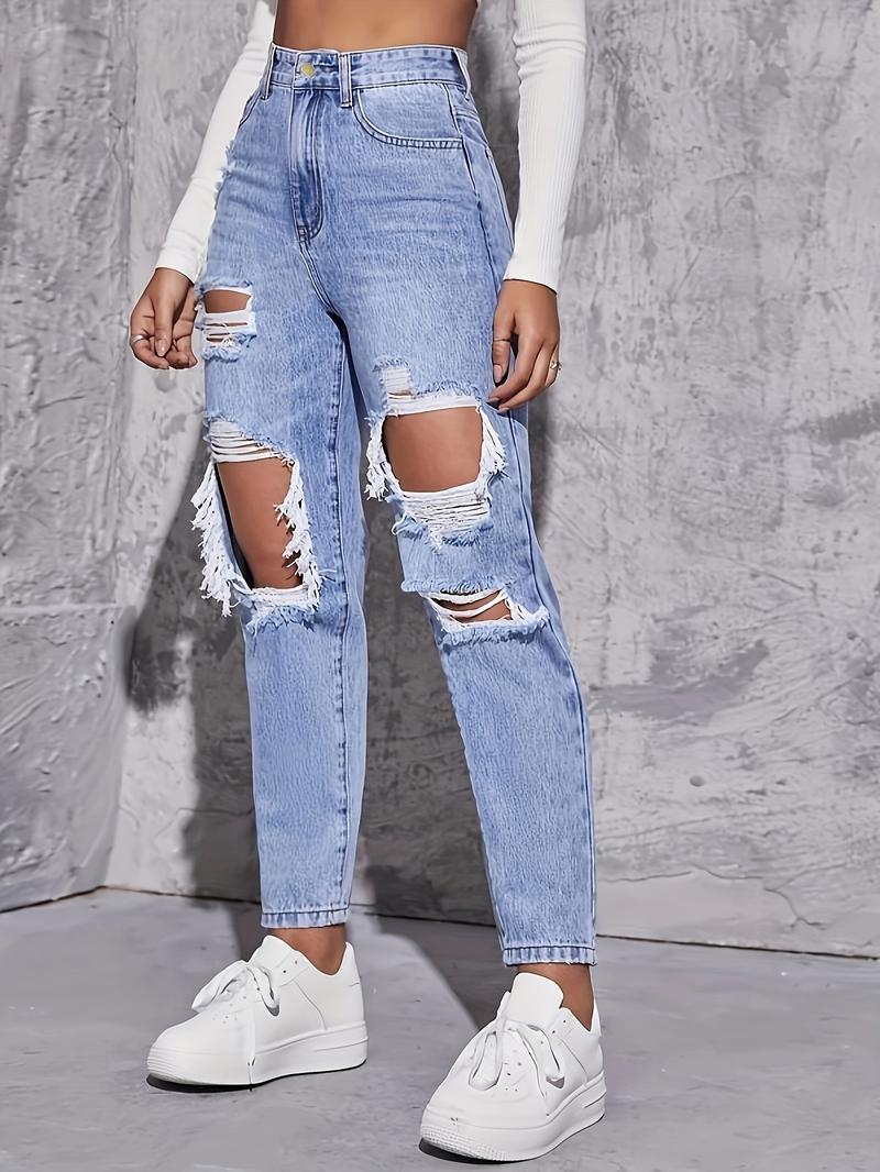 Product Introduction of American Retro Hole-punched Jeans Women High Waist Straight-crotch Loose Slim Design High-street Vibe Wide-legged Dragging Pants 3