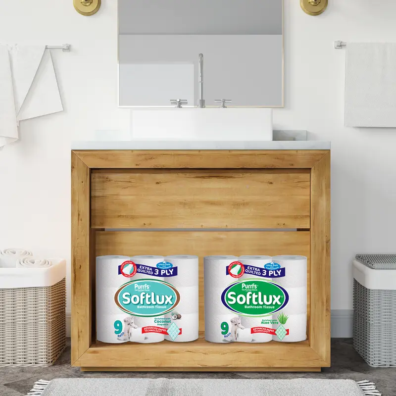 90 Toilet Rolls 45 Softlux Purffs Coconut + 45 Softly Purffs Aloe Vera 3ply Bathroom Luxury Quilted Toilet Rolls  (10*9pk) Flushable Disposable Family Toilet Pack Scented Kitchen Sheets Tissue Wipes 2