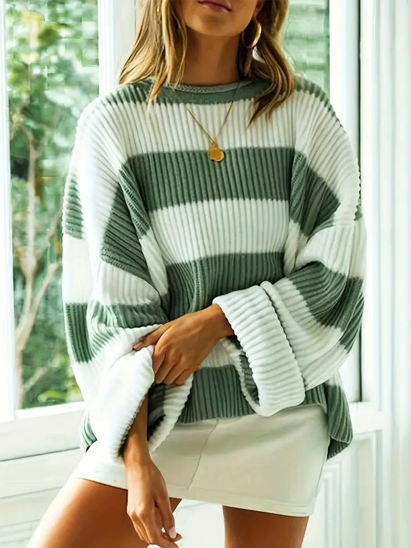 Product Introduction of Women's Plus Size Color Block Knitted Pullover Sweater - Stylish Casual Long Sleeve Women's Knitwear for Fall & Winter, Perfect Plus Size Womenswear Tops Knitting Comfort Crewneck Striped 2