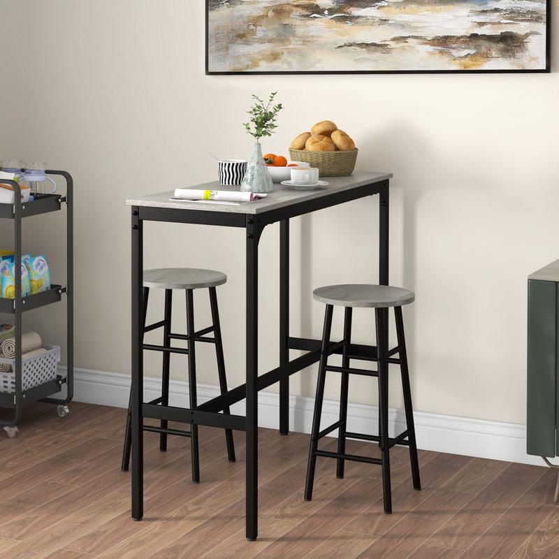 3 Piece Bar Table Set with 2 Stools, Industrial Bar Table and Stool Set, Dining Table and Chair Set for Small Space, Grey 1