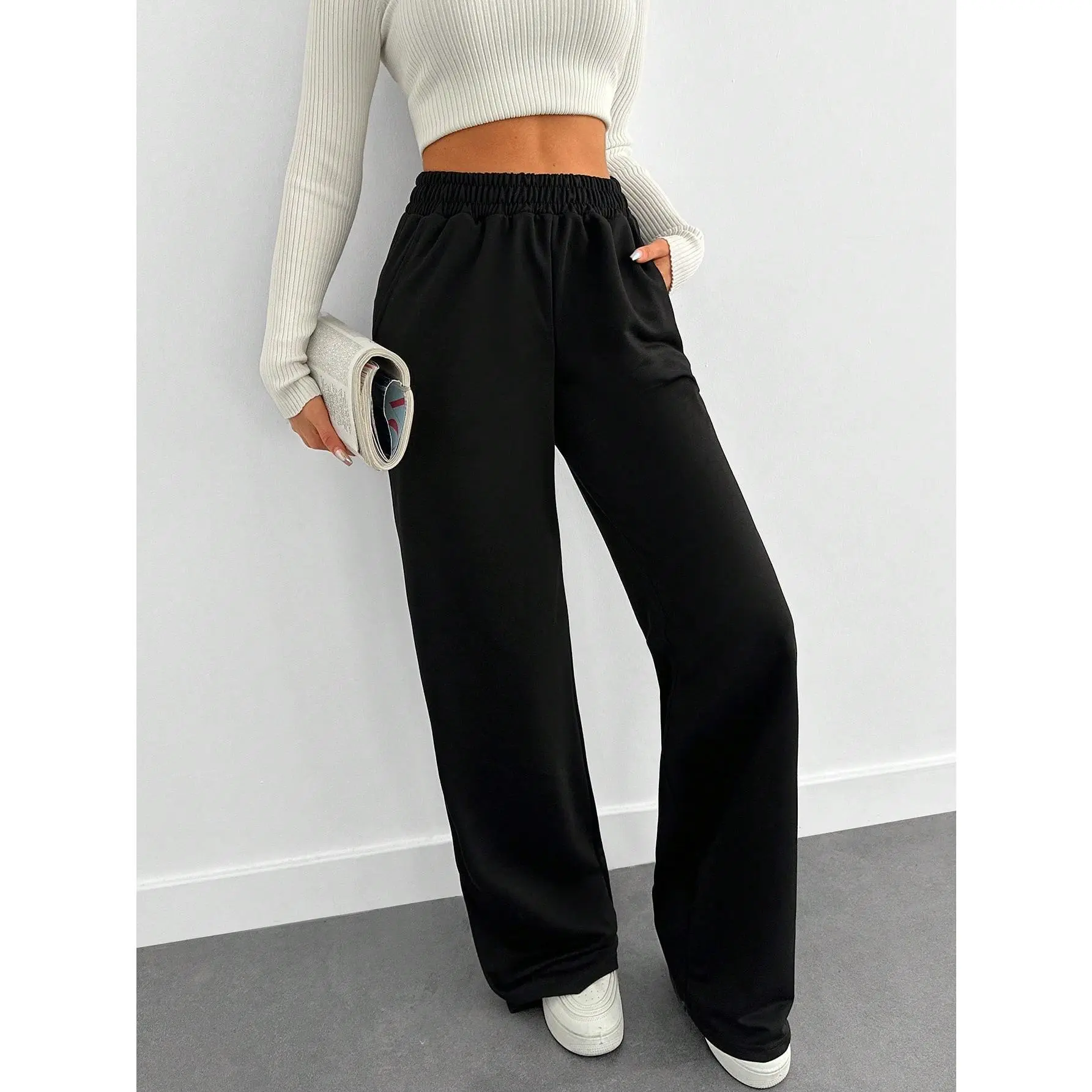 Women's BottomsWomen's Solid Color Elastic Waist Pocket Simple Sweatpants, Casual Daily[S12] Womenswear Bottom