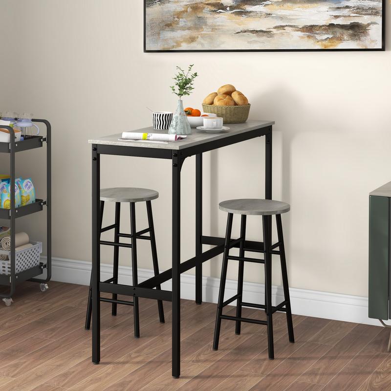 HOMCOM 3 Piece Bar Table Set with 2 Stools, Industrial Bar Table and Stool Set, Dining Table and Chair Set for Small Space, Grey 1