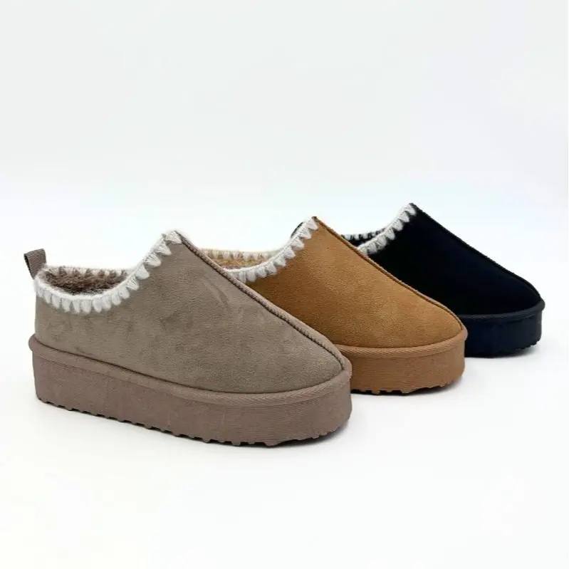 Ladies Faux Fur Lined Whip Stitch Platform Slipper