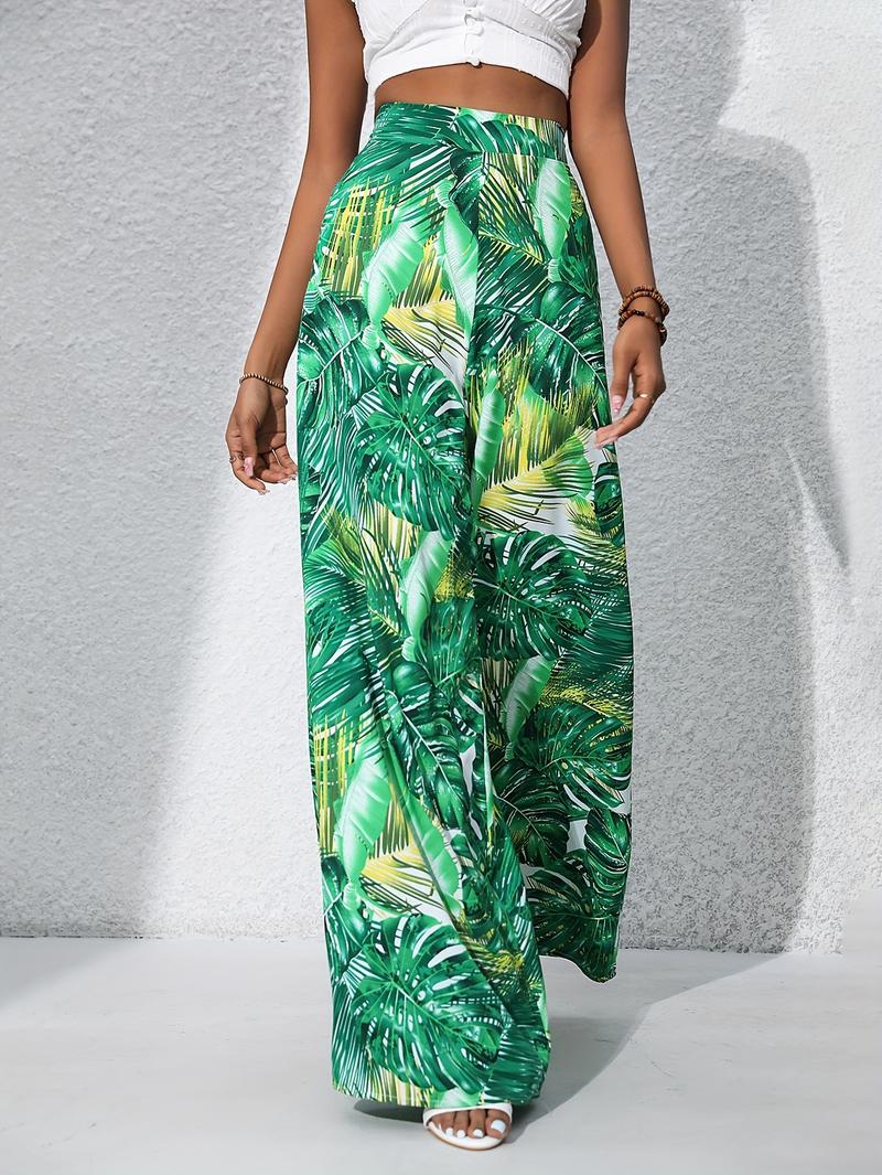 Product Introduction of Women'S Bohemian Floral Print Chiffon Wide-Leg Pants - High Waist, Elastic Waistband, Long Beach Trousers for Summer Vacation, Casual Elegant Style 4