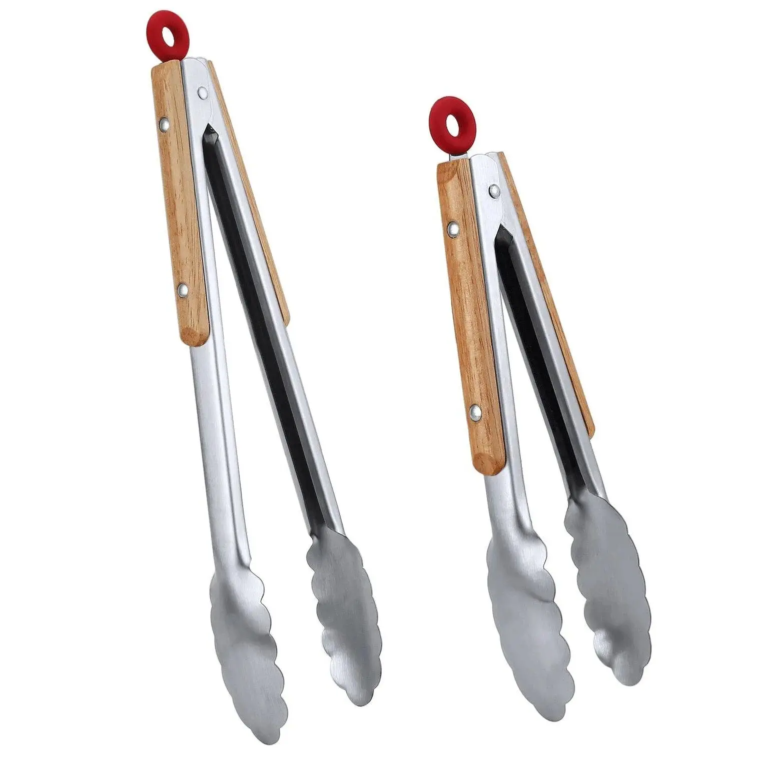 Stainless Steel Kitchen Tongs, Locking Metal Food Tongs with Wooden Grips