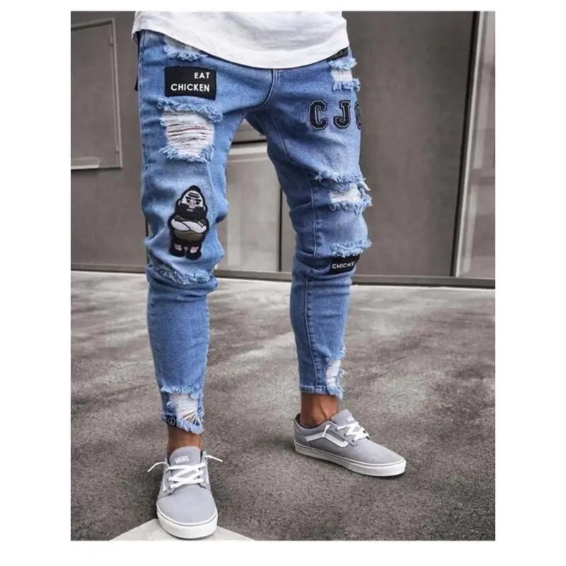 Embroidered jeans men cotton elastic ripped skinny jeans slim fit loose jeans men trousers streetwear 1