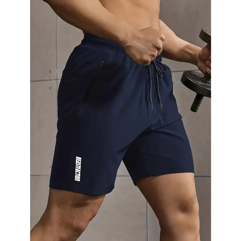 Active Elastic Waist Shorts - Men's Solid Drawstring Shorts With Zipper Pockets For Summer Outdoor Fitness 7
