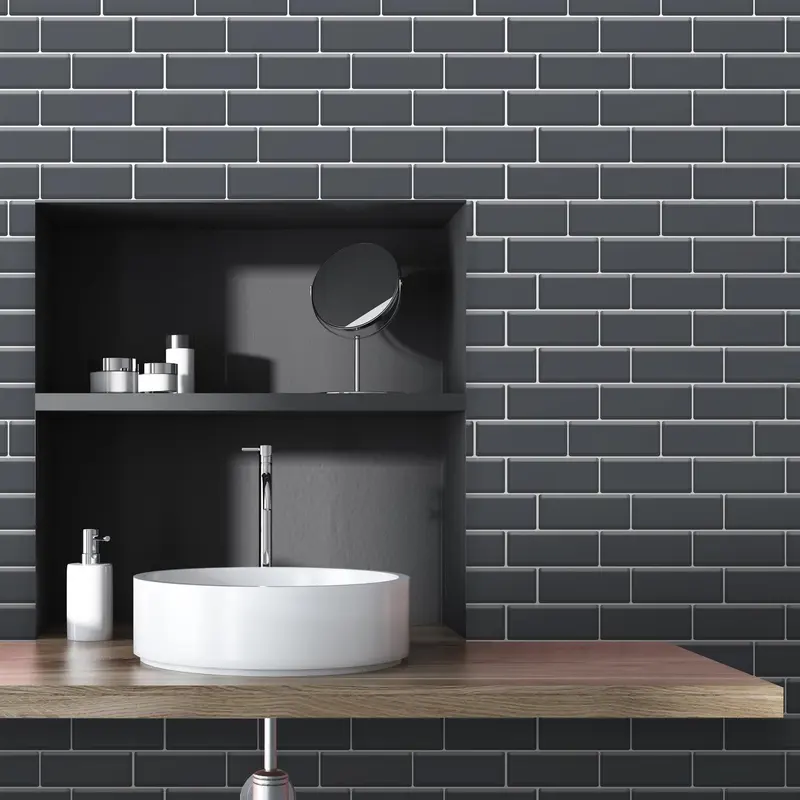 WALPLUS Dark Grey Glossy 3D Tile Stickers - Easy Peel and Stick Backsplash for Kitchen and Bathroom, Water and Heat Resistant, 6pcs 12 Inch 2
