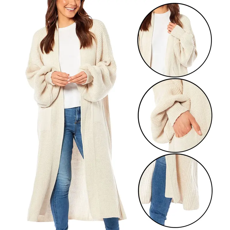 Long Ladies Balloon Sleeve Cardigan Oversized Pocket Chunky Weave Knitted Ribbed Jumper Comfort Knitwear 2