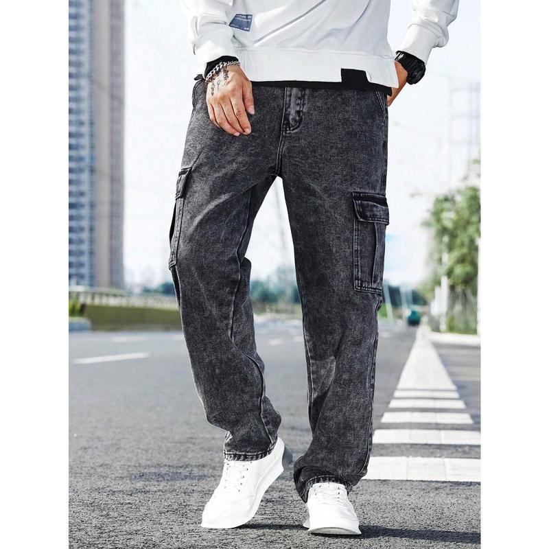 Manfinity RivetRise Men Flap Pocket Side Cargo Jeans, Plain Long Straight Leg Cargo Dark Grey Washed Cargo Jeans, For Husband, Boyfriend Gifts Menswear Viscose 4