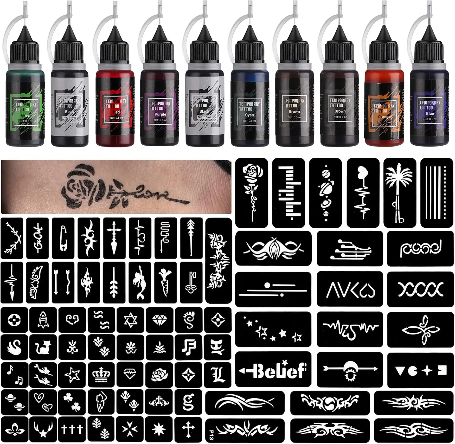 STIGMA Temporary Tattoo Kit 10 Bottles Color Inks, 84 Pcs Stencils Kit for Body Paint DIY Tattoos Temp, DIY Fake Tattoo for Women Kids (Black*2, Cyan, Red, Green, Blue, Purple, Brown*2, Orange)