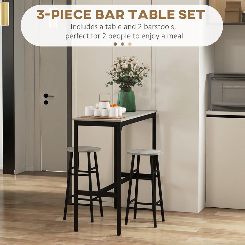 HOMCOM 3 Piece Bar Table Set with 2 Stools, Industrial Bar Table and Stool Set, Dining Table and Chair Set for Small Space, Grey 3