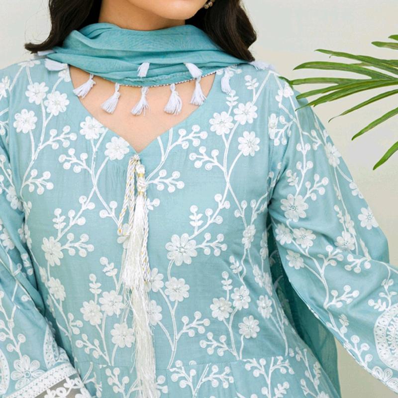 Sky blue Winter linen 3pcs heavy embroiderey with mirror pearls work maxi with chiffon dupatta having 4 sided lace party wear Casual wear avai in beautiful 3 colours Formal Womenswear Dress Long Sleeve Comfort 1