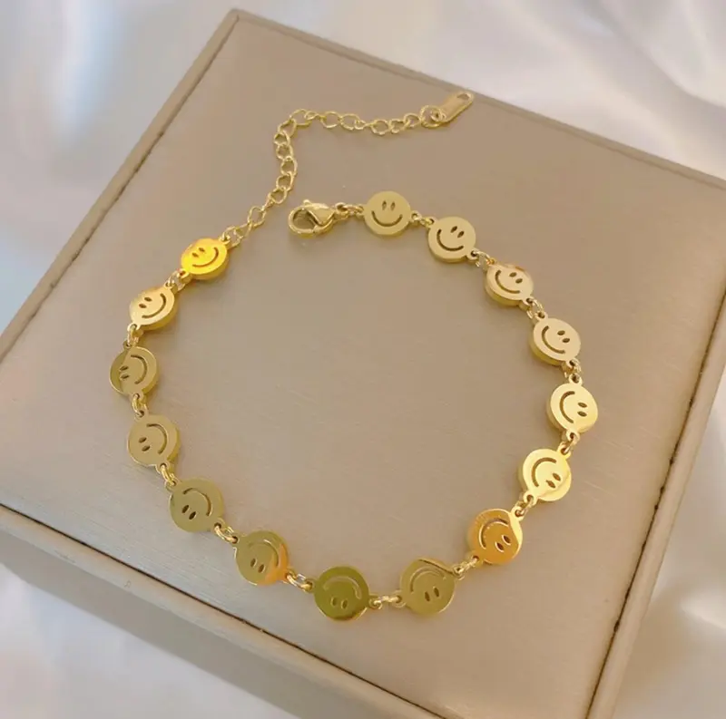 Smiley Face Stacking Bracelets, Silver Smiley Face Bracelet, 18k Gold Plated or Original Color Bracelets, No-Fading, Waterproof, Gift for her 5