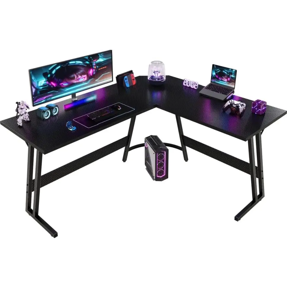 L Shaped Gaming Desk 150x130x75cm With Removable Monitor Stand, Corner Computer Desk Large PC Writing Table for Home and Office,Easy to Assemble, Carbon Fibre Black