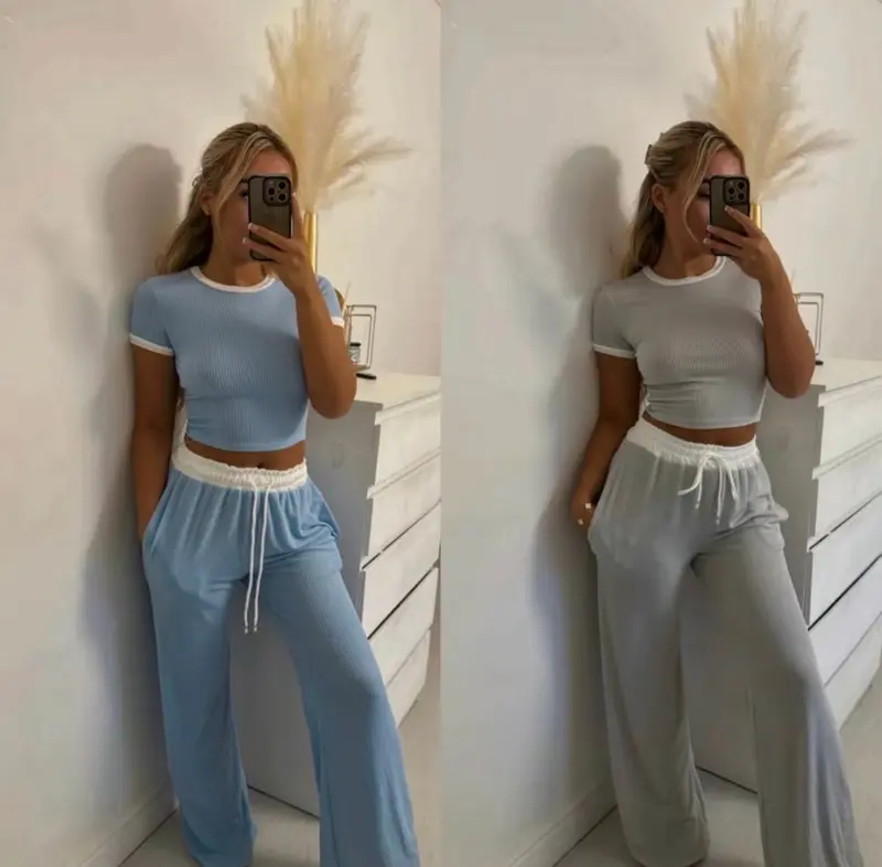 Women's Ladies Rib Contrast Trim Crop Top Plisse Wide Leg Trouser Lounge Wear Set 2