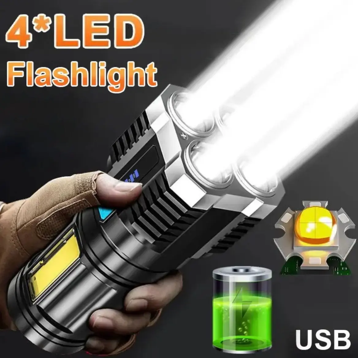 Powerful 4 LED Flashlight With COB Side Light, 4 Modes USB Rechargeable Flash Light , Waterproof, ABS Torch, , Camping Tool