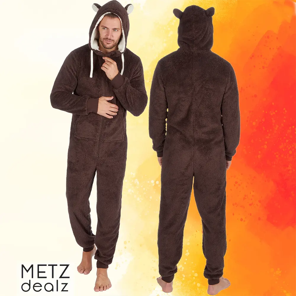 Mens Onesie with Hood Teddy Bear Brown Snuggle Playsuit  Long Sleeve Fleece Mens Onesies All in One Overall Zip Up Pyjamas Thermal Cosy Winter Pjs Loungewear Suit Jumpsuit Novelty S M L One Piece Pajama Lounge Onesie for Him UK men pyjamas