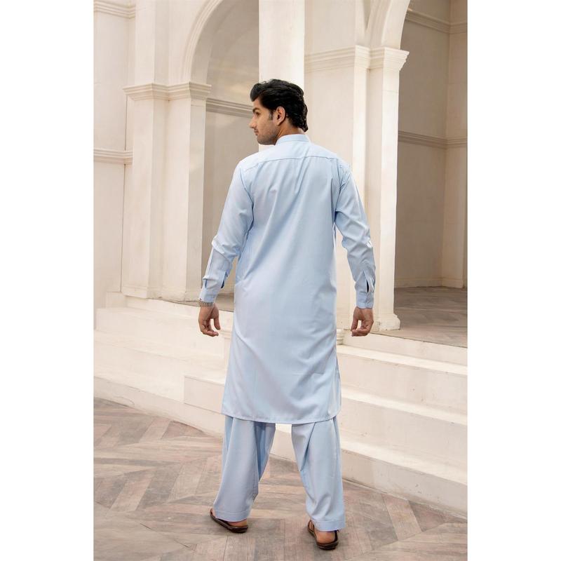 BS-SKY BLUE EMB - Kurta shalwar with simple self to self embroidery detailing around the neck line in soft polyester v 2