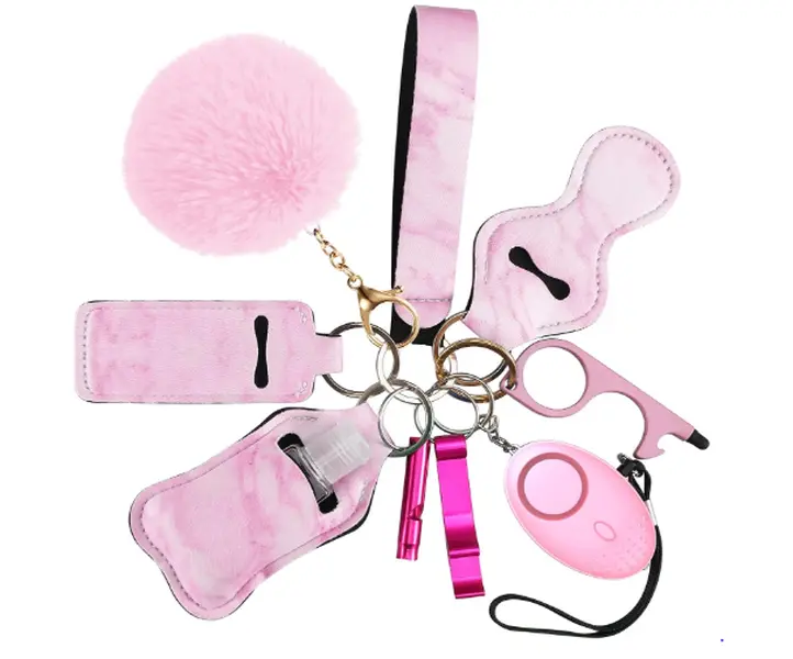 10 PCS Safety Keychain Set for Women, Loud Safety Keychain Accessories with Personal Safety Alarm, Security Alarms Keychain with LED Light, Whistle, No Touch Door Opener (Pink)