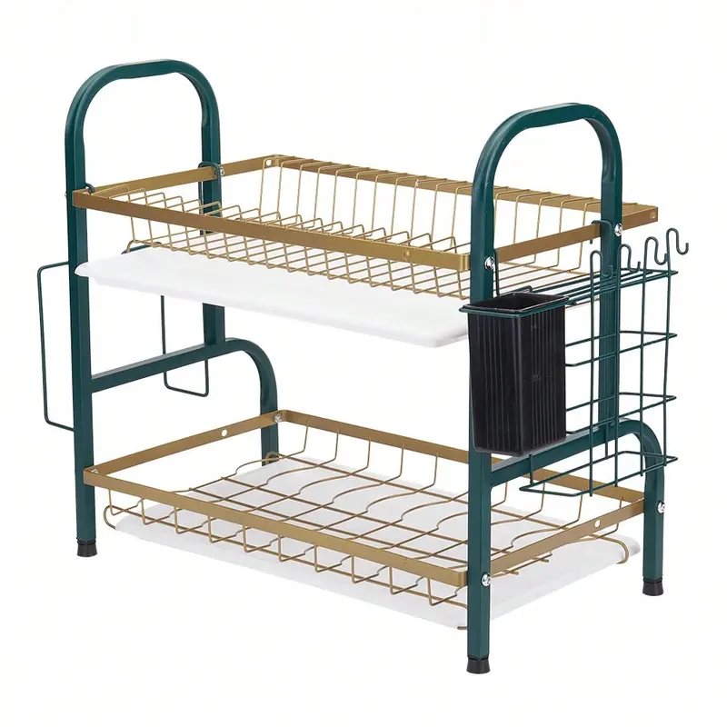 MILAN GOLD  2 Tier Dish Drainer Rack,Stainless Steel Dish Drying Rack,Kitchen Organizer Storage Shelf With Drainboard,Cutlery Holder,Cutting Board Holder,Knife Cup Utensil Holder 7