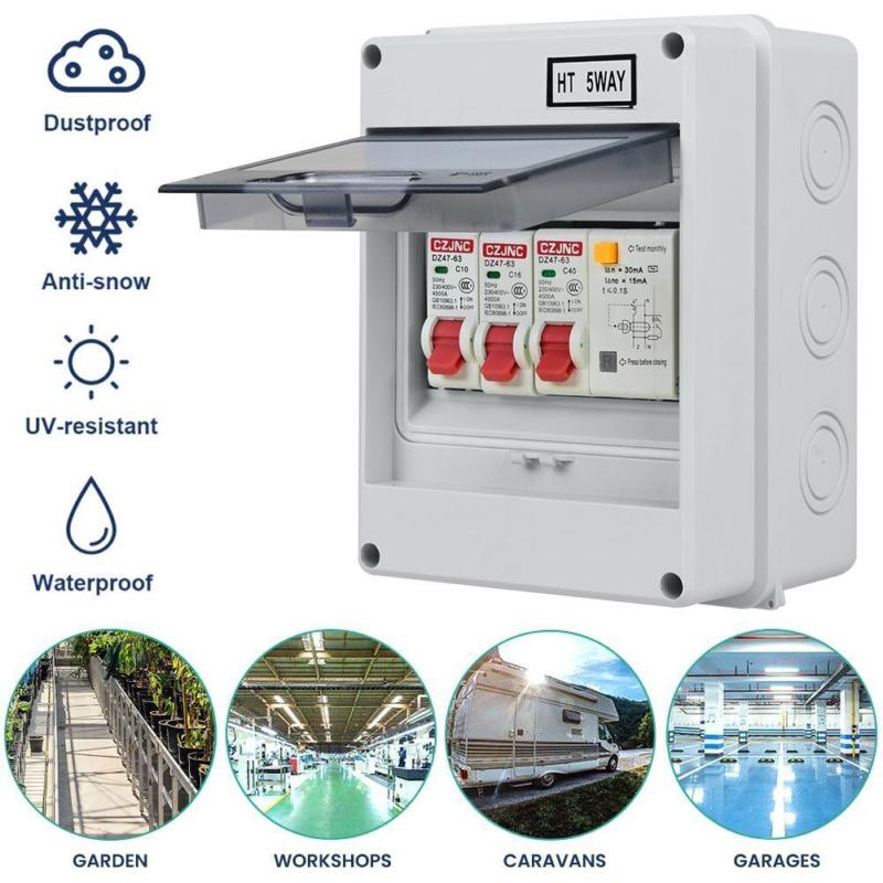 5 Way Garage Shed Camper Van Caravan Consumer Unit Fuse Box with RCD and 2 x MCB 3