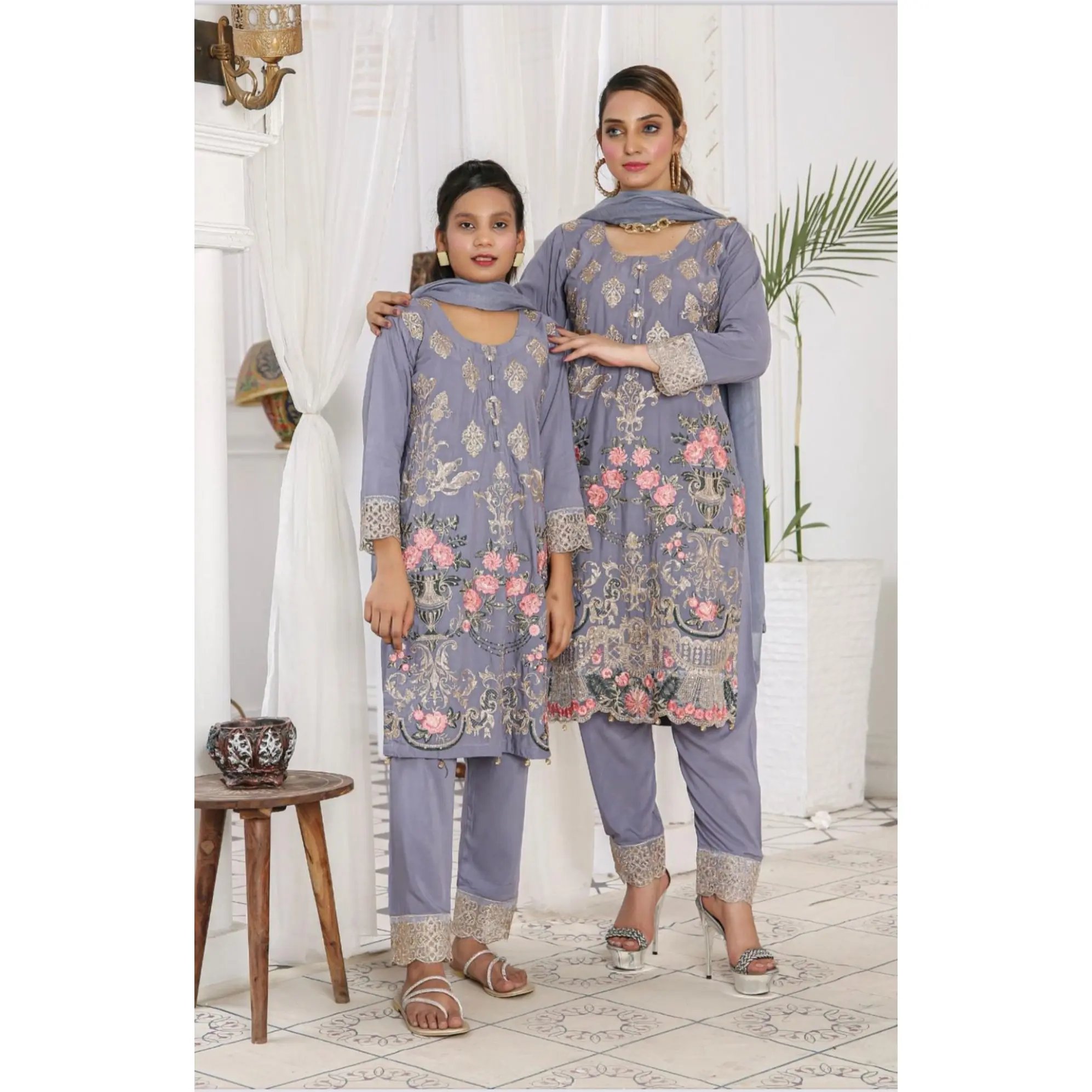 Embroidered Readymade Linen Mother & Daughter Suit Grey | Shop Pakistani Dresses