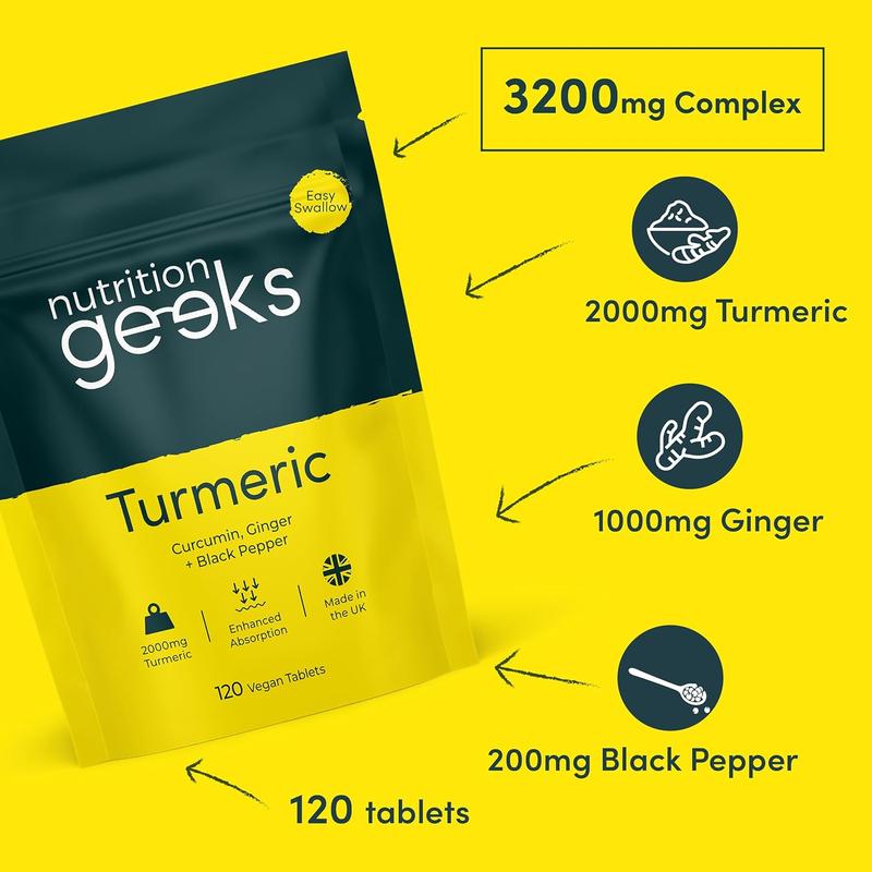Nutrition Geeks Turmeric Tablets 2000 mg with Black Pepper & Ginger, High Strength Curcumin Supplements, Vegan and Gluten Free, UK Made, 120 Count magnesium  glycinate  3  1 guanfacine  natural  supplement Healthcare Fitness Edible Dietary Powder 4