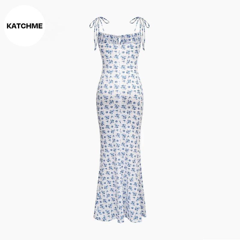 KatchMe Fresh Womenswear Adjustable Strap Floral Print Tie-Up Slinky Maxi Dress,Summer Mermaid Tail Dresses for Women,Birthday Outfits,Womenswear 2
