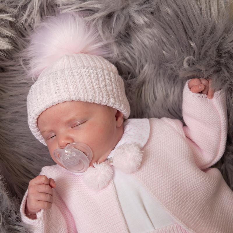 First Size Pink And Silver Ribbed Fur Single Pom Hat 2