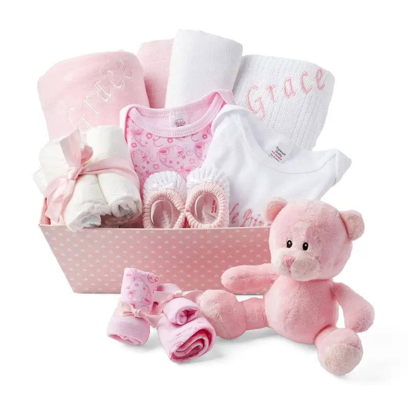 Baby Box Shop Personalised Baby Gift Set - 12 Baby Girl Essentials with 3 Personalised Baby Girl Gifts - Baby Girl Gifts, Newborn Baby Girl Hamper Basket Gifts with Personalised Baby Blankets, Pink 8