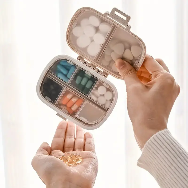 8-Compartment Daily Pill Organizer with Seal Ring for Travel, Pocket, or Purse - Moisture-Proof and Portable, Healthcare, Aid, Green, Pills, Tablet, White storage bags