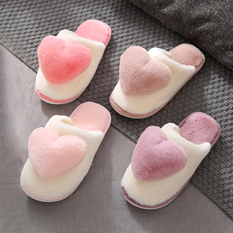 Cute Heart Decor Slippers, Casual Slip On Plush Lined Shoes, Comfortable Indoor Home Valentine's Day Slippers Girl Footwear 3